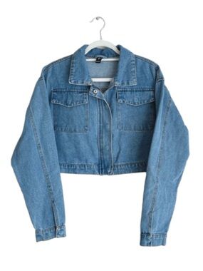 WINDSOR Boxy Drop Shoulder Cropped Zipper Front Medium Blue Wash Denim Jacket
